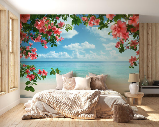 Ocean View Bedroom Wall Mural – Tropical Hibiscus Flower Wallpaper, Tranquil Beach Scene Decor, Removable Peel & Stick Vn650