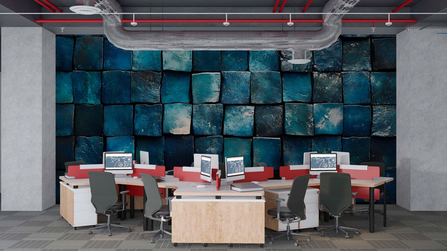 Modern Office Wall Art – Blue Abstract Tile Pattern Mural for Workspace Decor Vn745