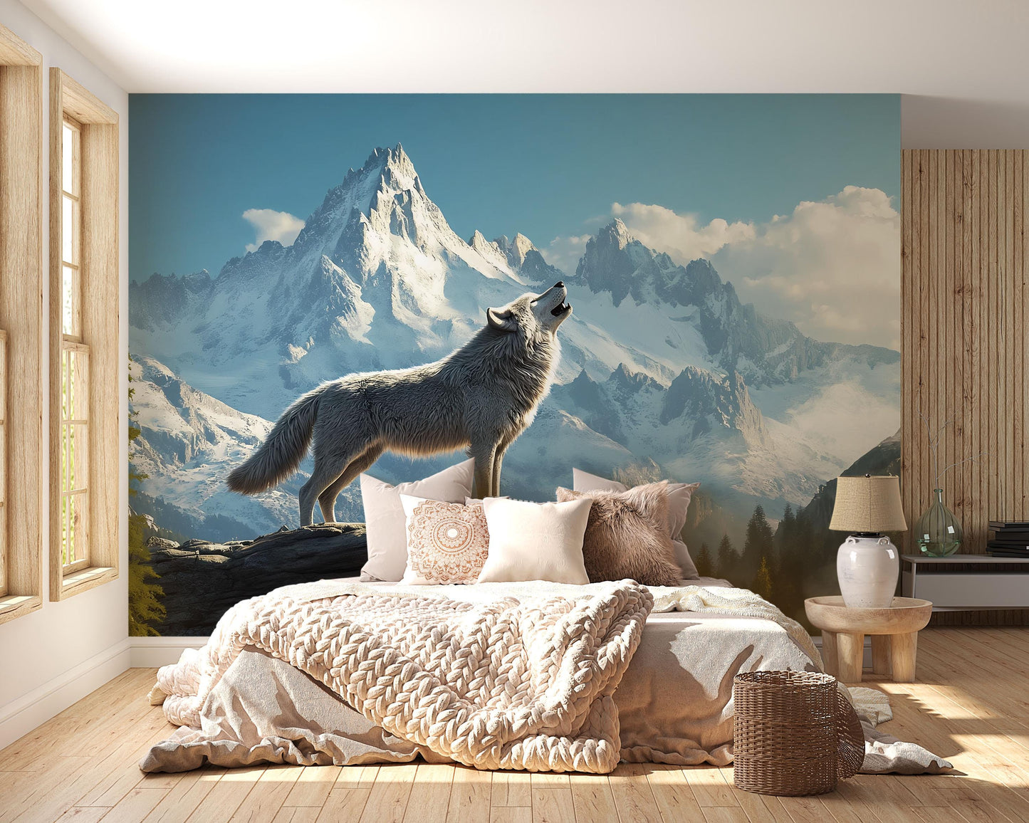 Wolf Mountain Mural Wall Art – Howling Wolf Wallpaper for Bedroom | Snowy Nature Scene | Rustic Cabin Decor | Forest Animal Backdrop Vn601