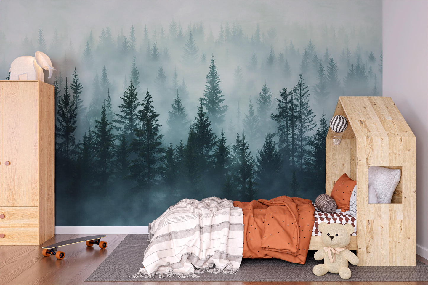 Misty Forest Wall Mural – Foggy Woodland Pine Tree Wallpaper, Nature Landscape Accent Wall Decor for Bedroom or Kids Room Vn1075