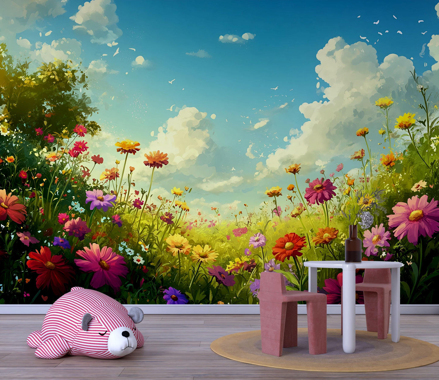 Whimsical Floral Meadow Wall Mural for Kids Room – Vibrant Nature Wallpaper Vn706