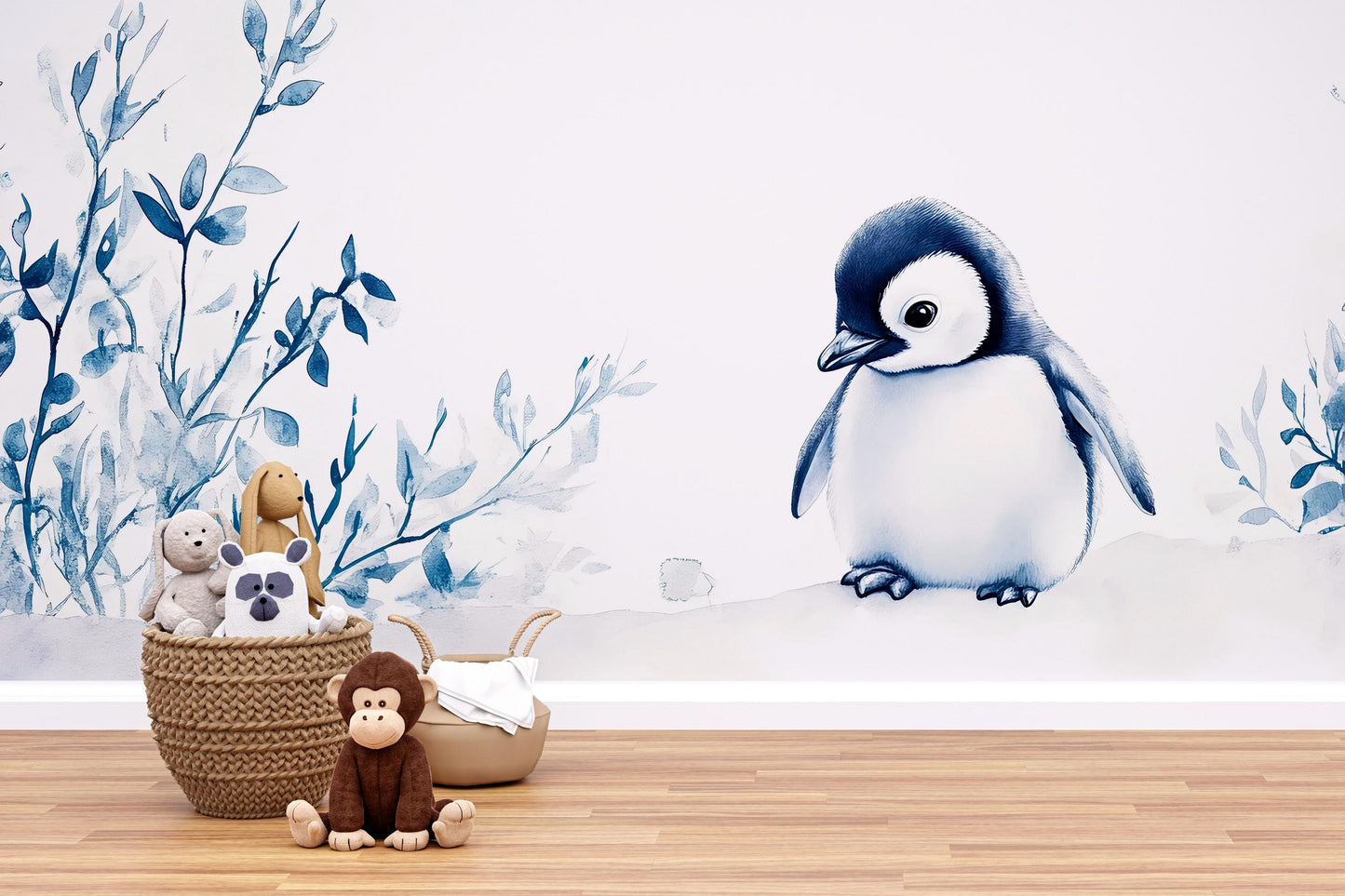 Penguin Nursery Wall Mural | Blue Baby Room Wallpaper | Arctic Animal Nursery Decor | Gender Neutral Nursery Art | Winter Baby Room Vn519