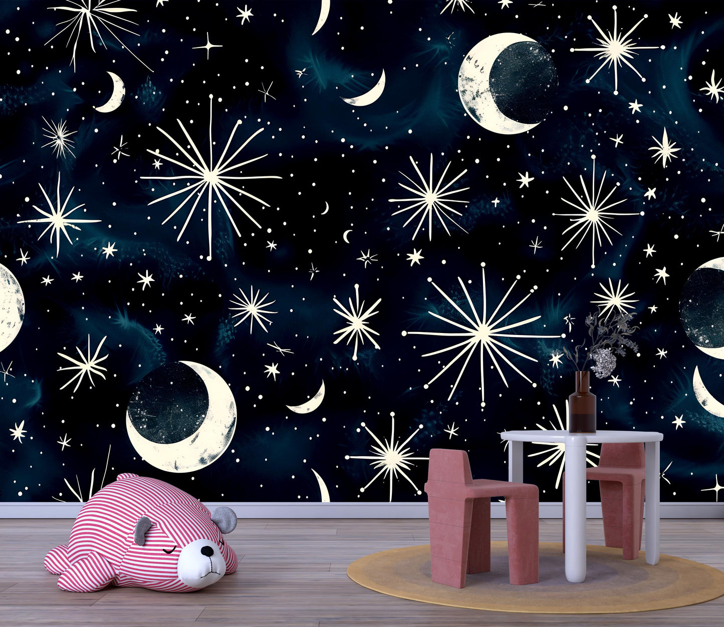 Celestial Star Wallpaper – Night Sky Moon and Stars Wall Mural for Bedroom or Nursery Vn1012