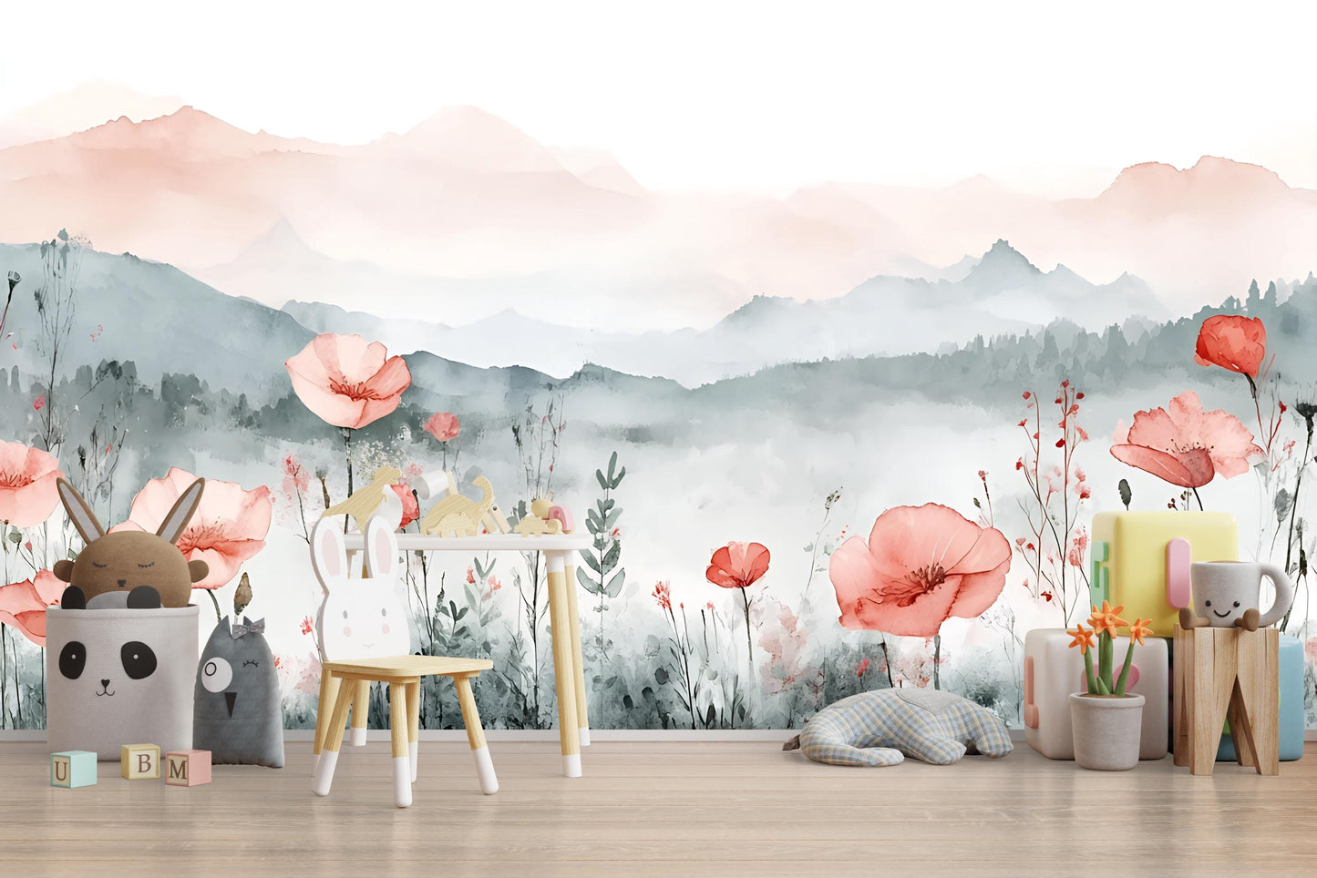 Floral Mountain Wall Mural for Kids Room – Watercolor Wildflower Nursery Wallpaper – Removable Botanical Wall Art Vn560