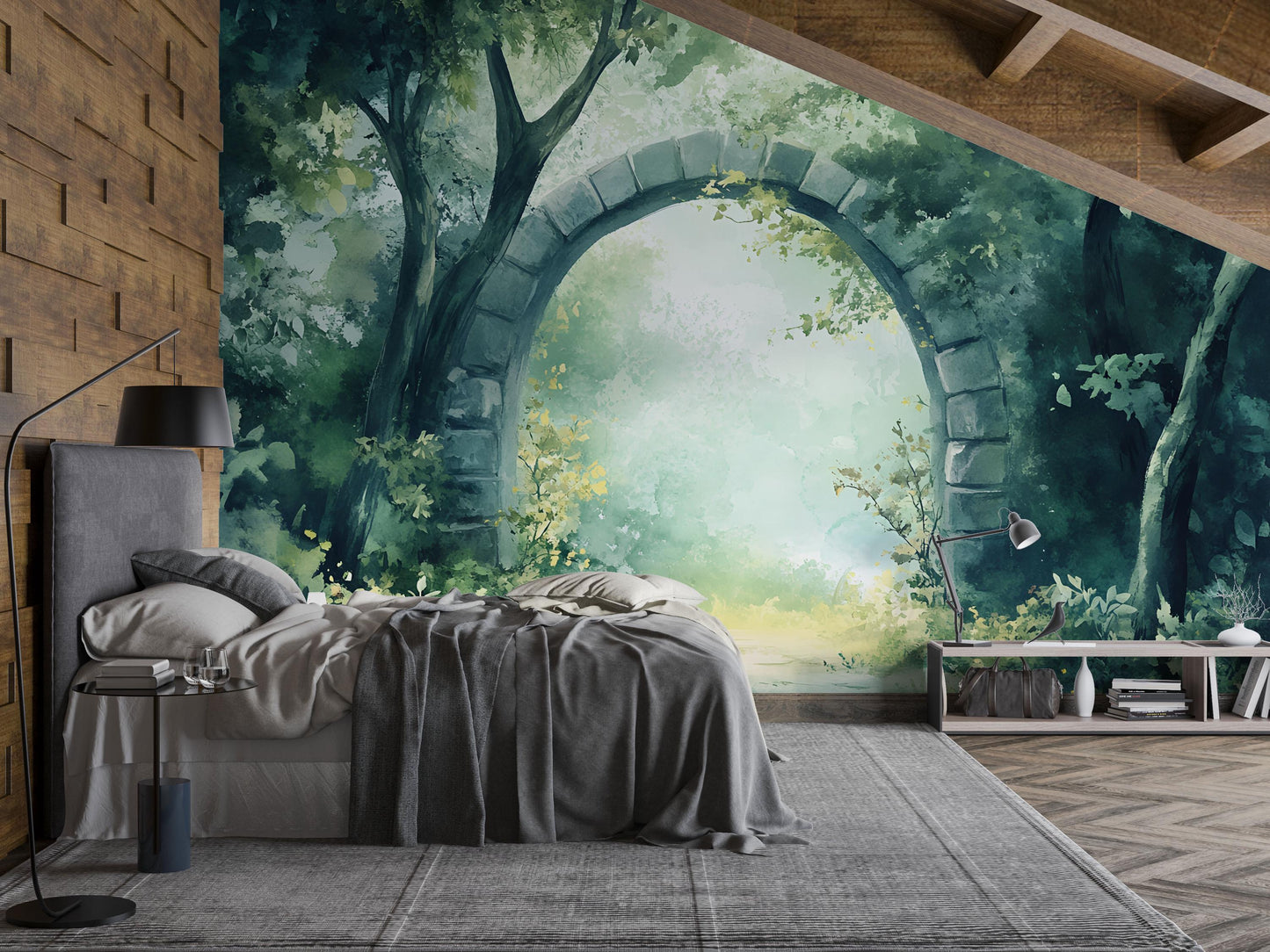 Forest Archway Wall Mural – Nature Garden Gateway Wallpaper for Living Room or Office Vn759