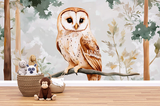 Whimsical Owl Wall Mural for Kids Room | Woodland Animal Nursery Wallpaper | Forest Bird Accent Wall | Large Owl Art for Playroom Vn501