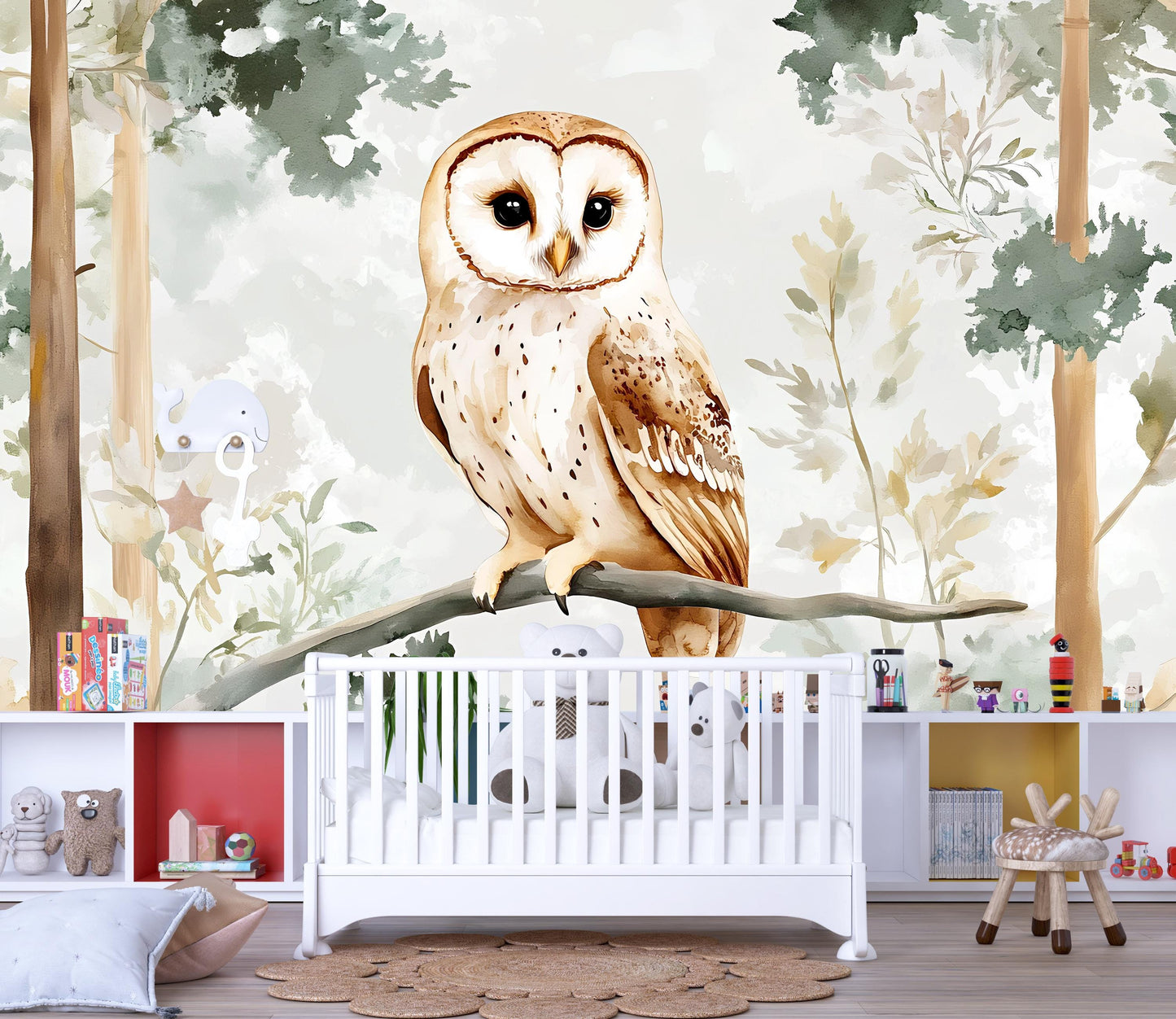 Whimsical Owl Wall Mural for Kids Room | Woodland Animal Nursery Wallpaper | Forest Bird Accent Wall | Large Owl Art for Playroom Vn501