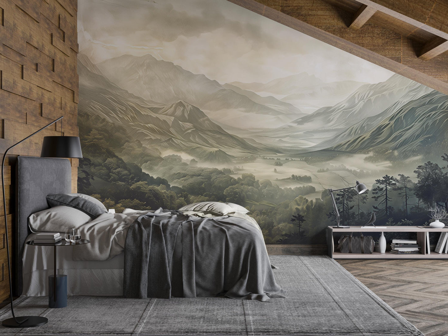 Misty Mountain Wall Mural – Scenic Forest Valley Wallpaper for Bedroom Vn1007