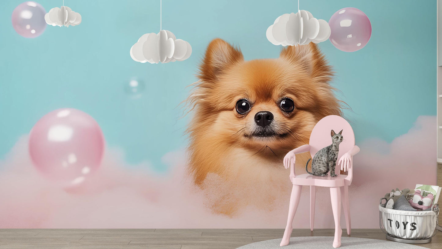 Cute Pomeranian Dog Wall Mural - Pink Cloud & Bubble Background - Kawaii Pet Art for Nursery, Kids Room, or Pet Lover Decor Vn664