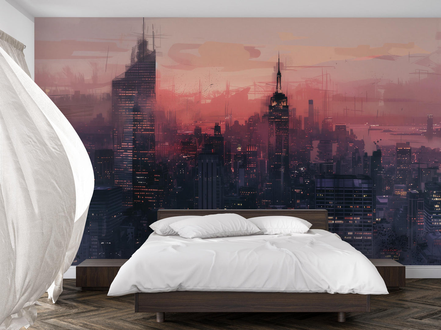 Cityscape Wall Mural – Futuristic Skyline Wallpaper, Urban Night Accent Wall Decor for Bedroom, Office or Living Room Vn1068