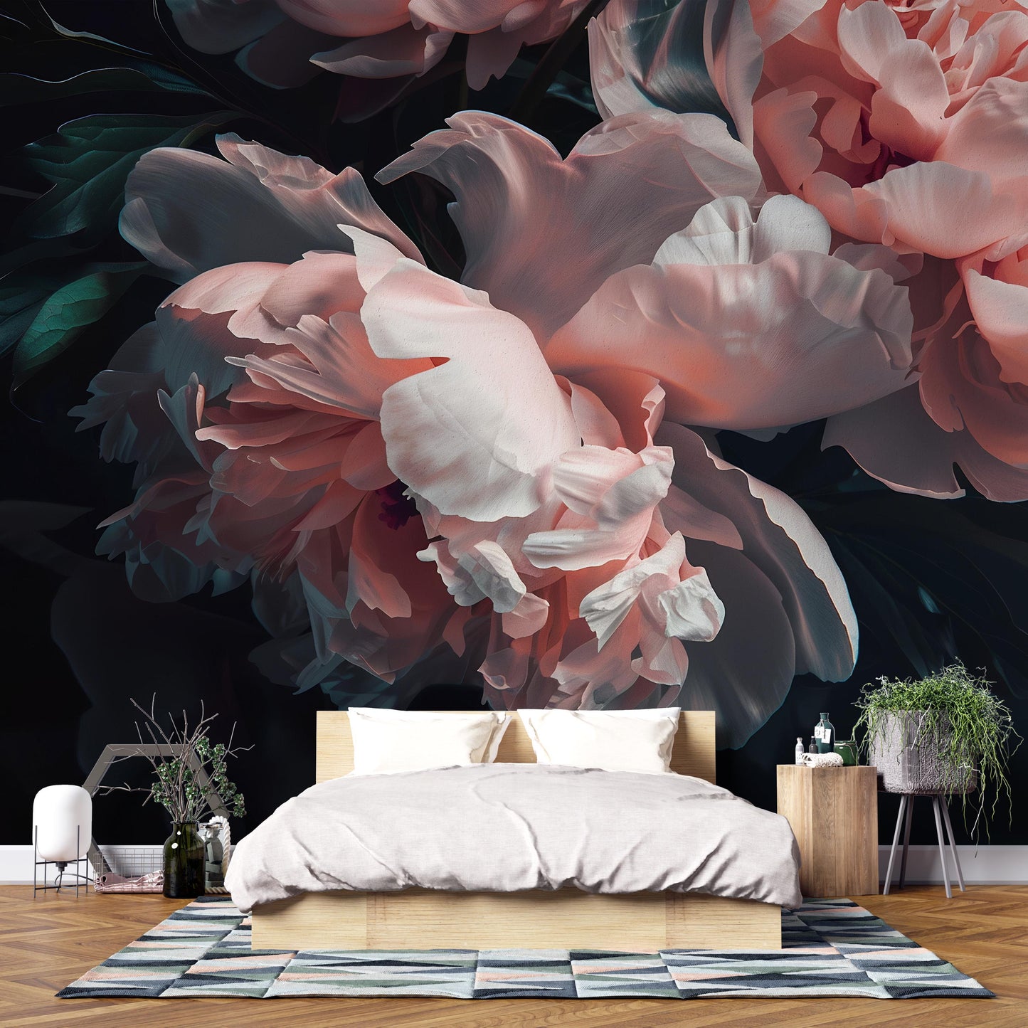 Dark Floral Mural Wallpaper – Large Pink Peony Wall Art for Bedroom Décor Vn1047