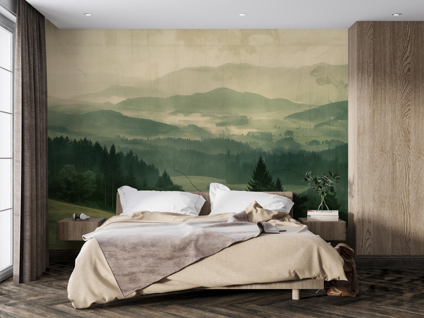 Green Forest Wall Mural – Misty Mountain Landscape Wallpaper for Bedroom or Living Room Vn1057