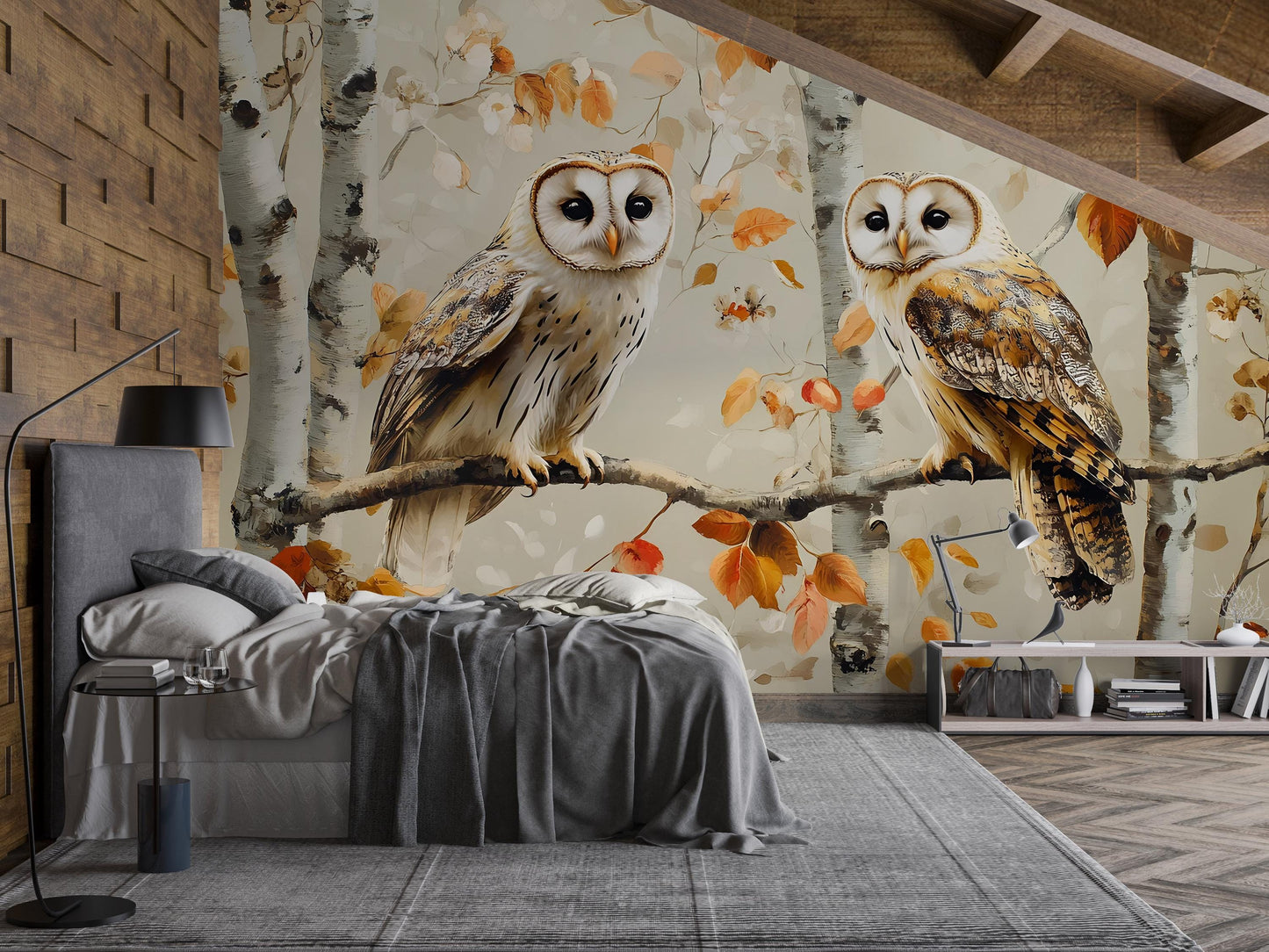 Autumn Owl Forest Mural – Barn Owl Wall Art for Bedroom Decor Vn503