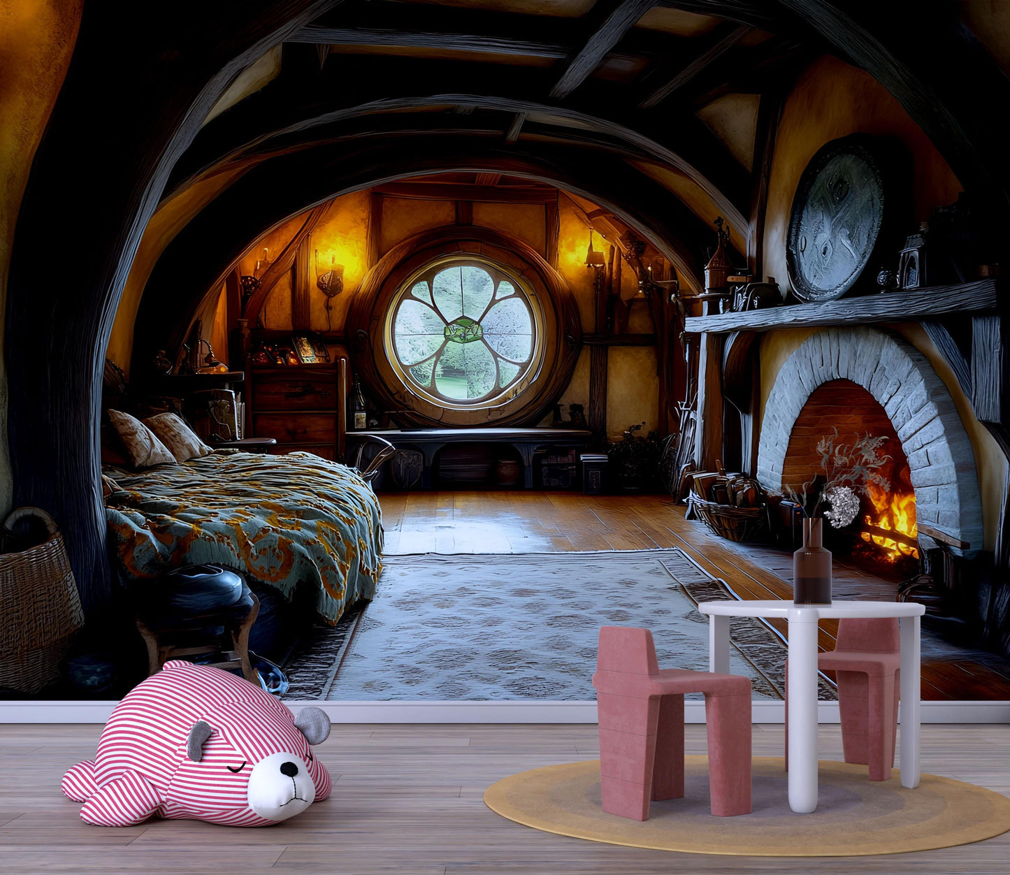 Hobbit Nursery Wall Art | Cozy Fantasy Baby Room Decor | Rustic Hobbiton Fireplace Print | Whimsical Nursery Interior Artwork Vn604
