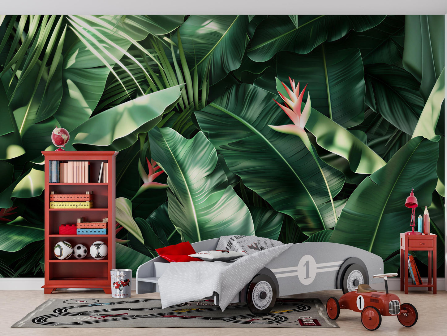 Tropical Jungle Leaf Wall Mural – Bold Green Botanical Wallpaper with Exotic Plants Vn1052