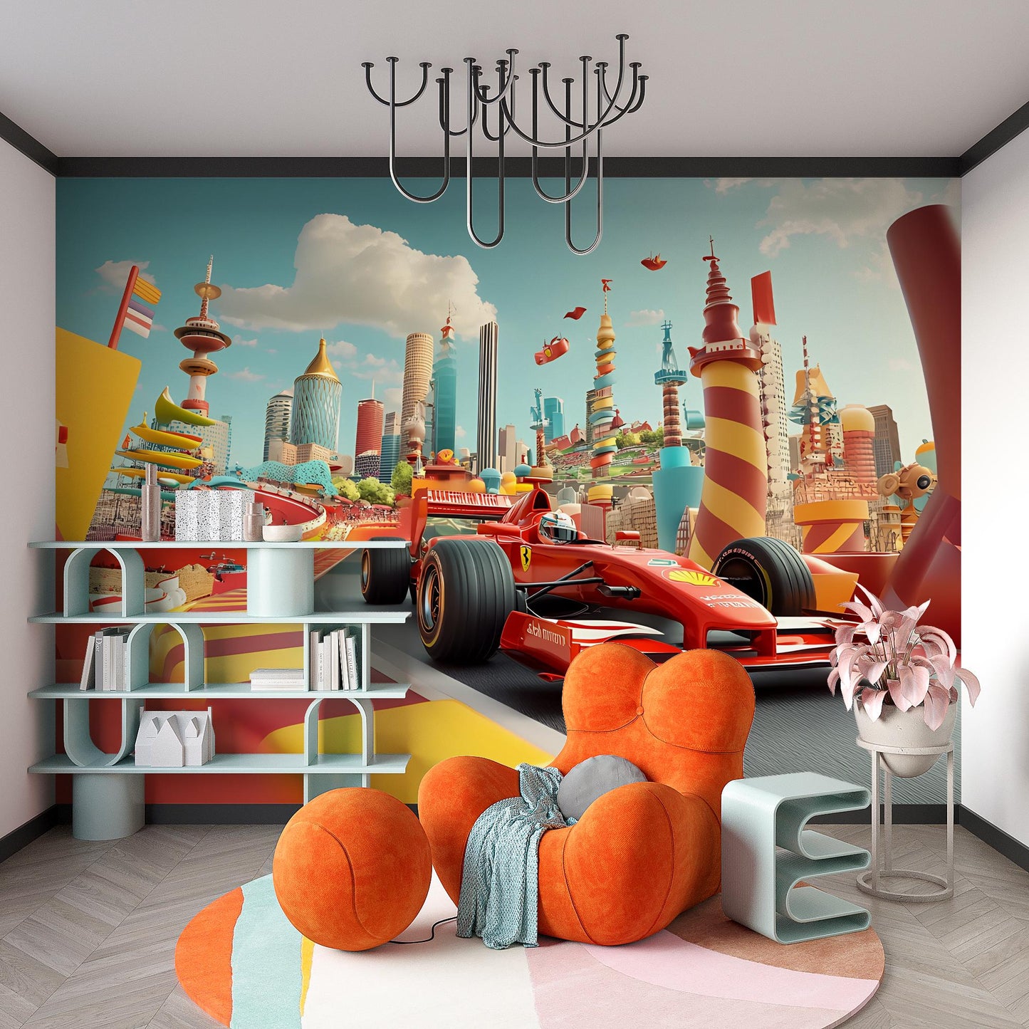 Kids Race Car Wall Mural – Colorful Formula 1 Cityscape Wallpaper for Boys Room Vn371