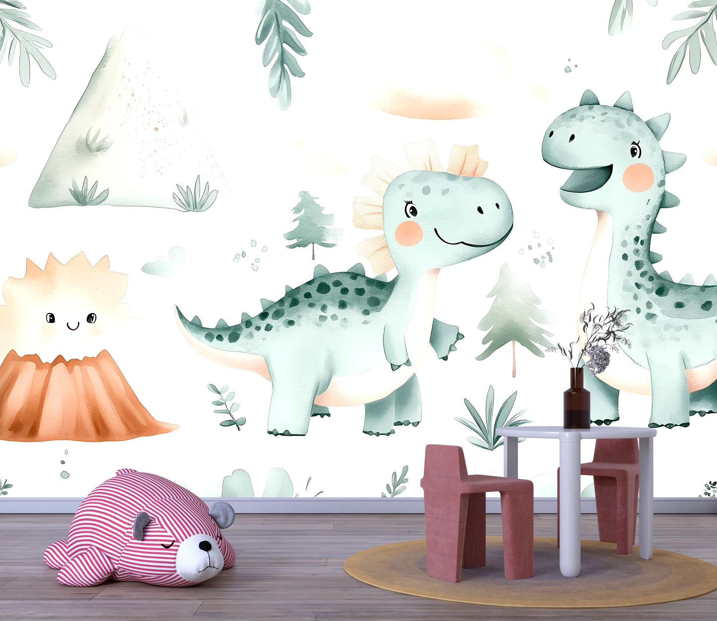 Happy Dinosaur Wall Mural – Cute Cartoon Dino Wallpaper for Nursery & Kids Room Vn977