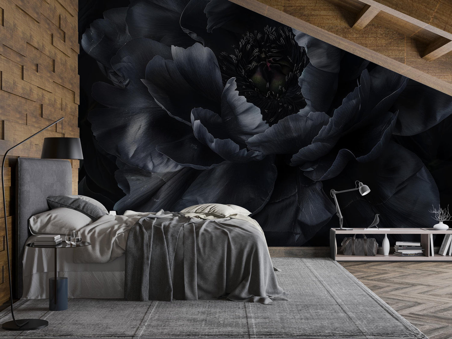 Black Floral Mural Wallpaper – Dark Oversized Peony Wall Art for Bedroom Décor Vn1048