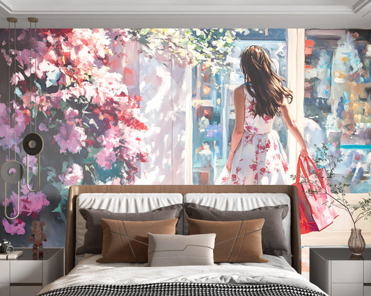 Romantic Floral Wall Mural | Girl Shopping Art | Feminine Bedroom Wallpaper | Modern Fashion Wall Decor | Large Statement Mural Vn062