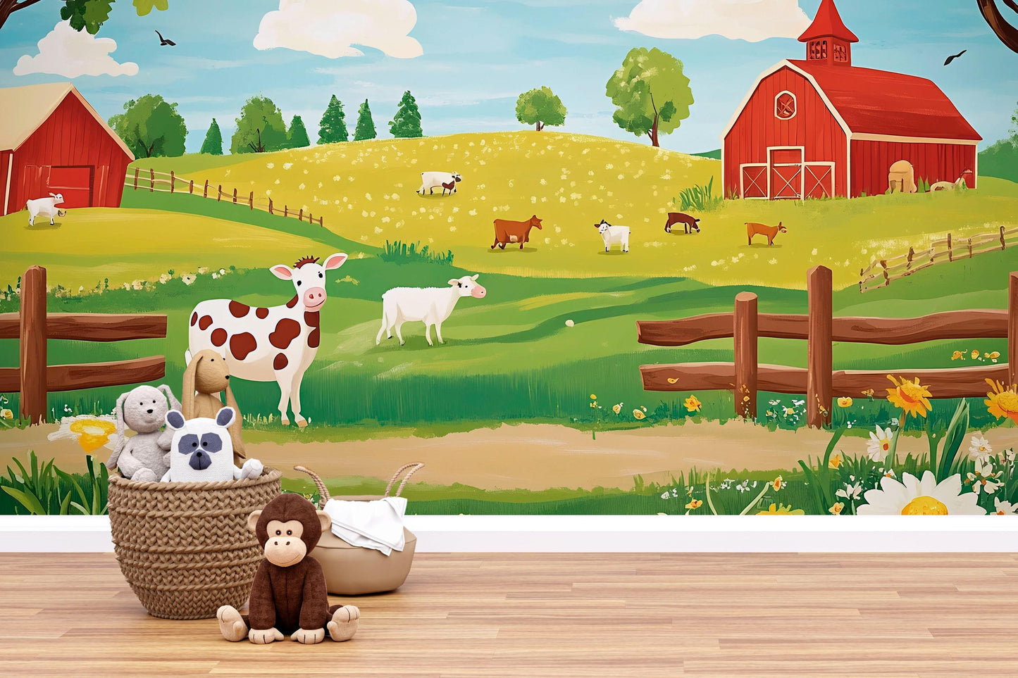 Farm Animal Wall Mural for Nursery – Cute Cow & Barnyard Scene – Kids Room Wallpaper – Pastoral Wall Art – Removable Vinyl Decal Vn625