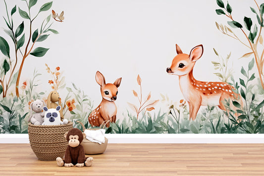 Whimsical Deer Wall Mural for Nursery – Woodland Baby Room Décor – Removable Vinyl Sticker – Forest Animal Vn340