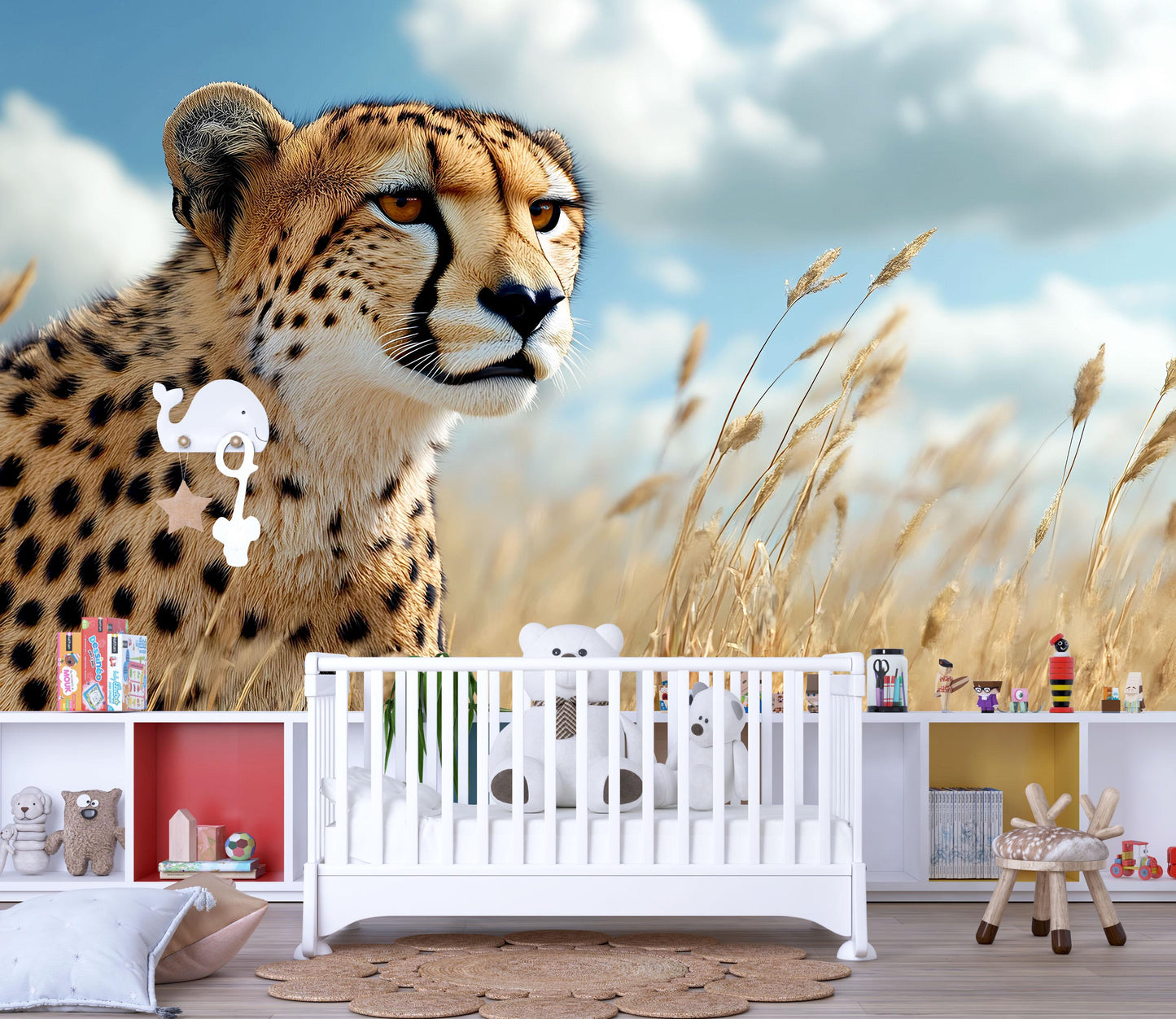 Cheetah in Grassland Wall Mural – Realistic Wildlife Safari Wallpaper for Nursery or Bedroom Vn781