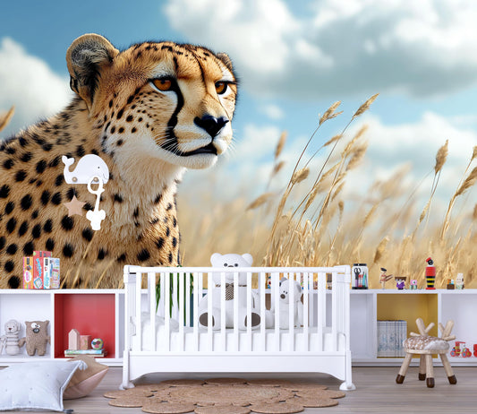 Cheetah in Grassland Wall Mural – Realistic Wildlife Safari Wallpaper for Nursery or Bedroom Vn781