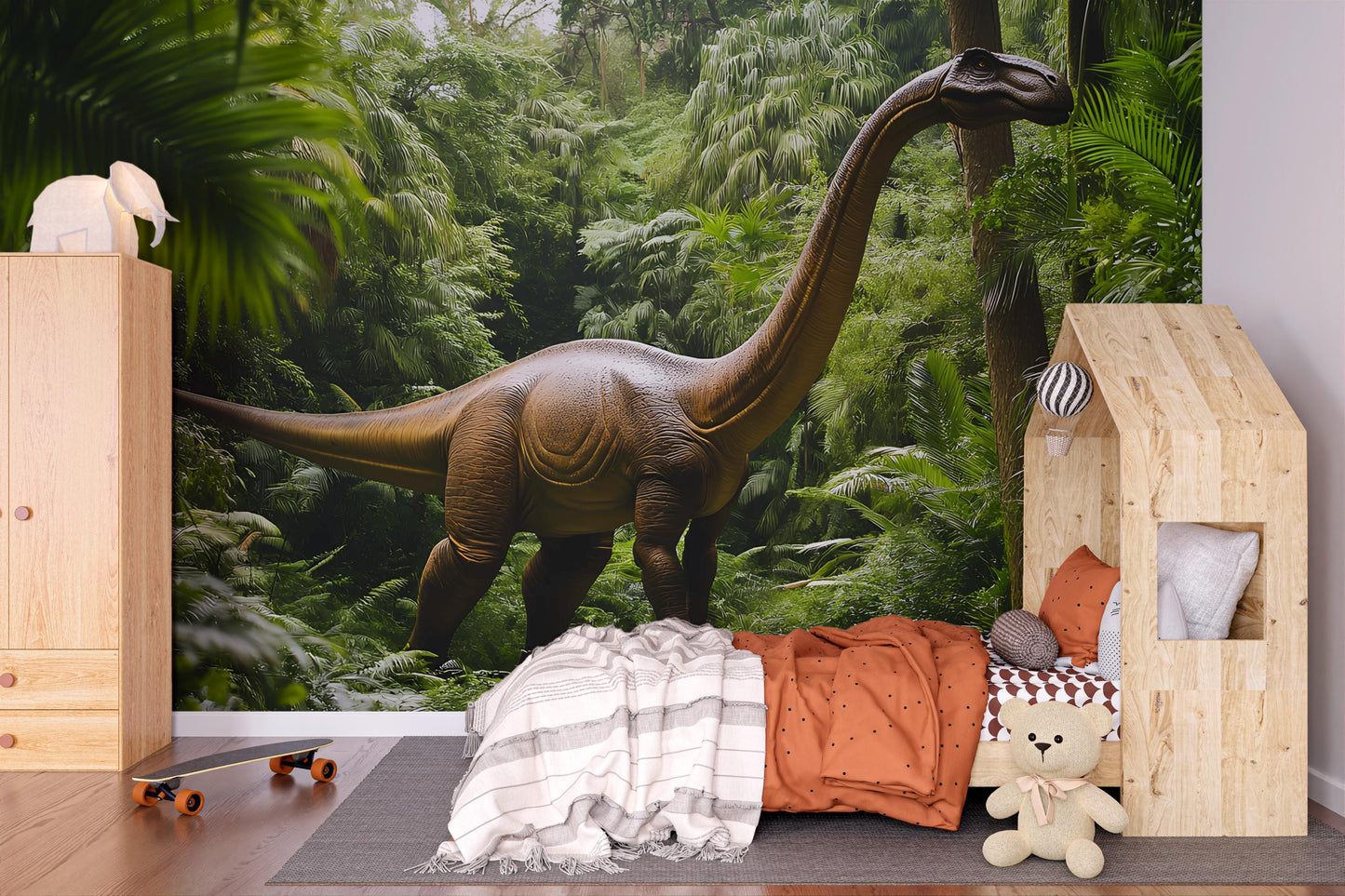 Dinosaur Jungle Wall Mural for Kids Room | Giant Brachiosaurus Wallpaper | Boys Bedroom Decor with Car Bed | Adventure Theme Wall Art Vn409