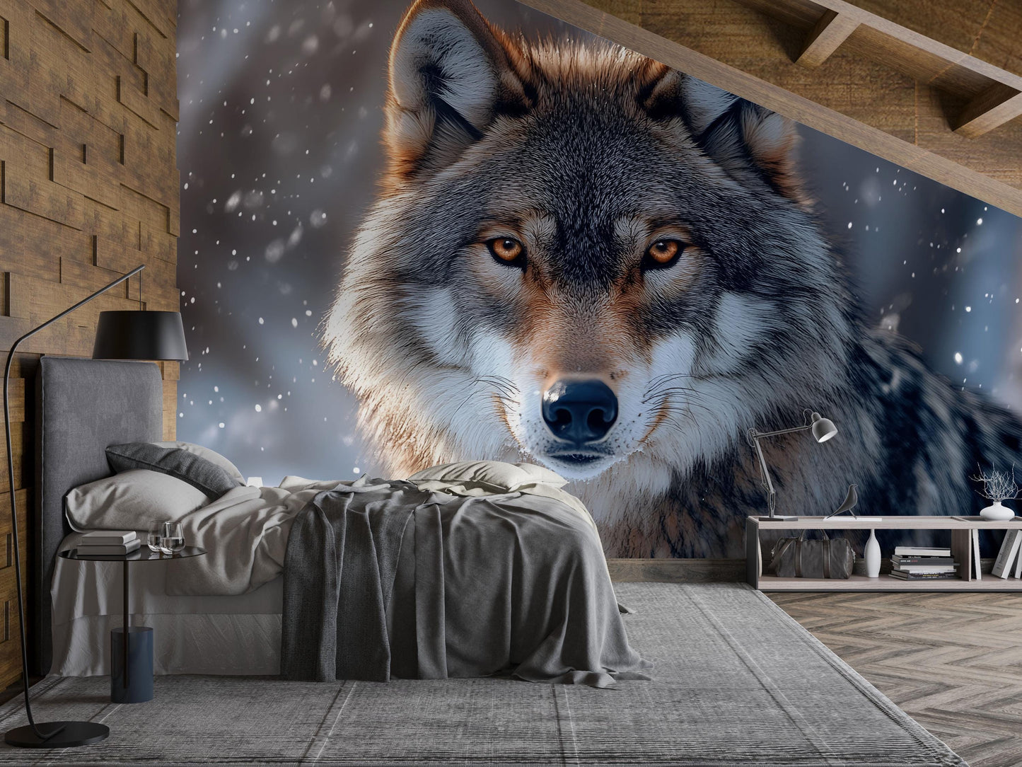 Wolf Wall Mural for Bedroom, Snowy Winter Animal Art, Large Forest Wolf Wallpaper Vn607