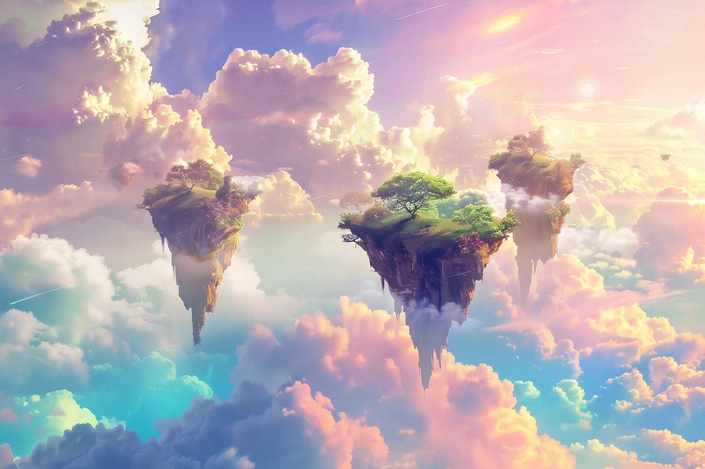 Fantasy Floating Islands Wall Mural – Dreamy Sky & Clouds Wallpaper, Magical Kids Room Decor, Surreal Accent Wall Art Vn1081