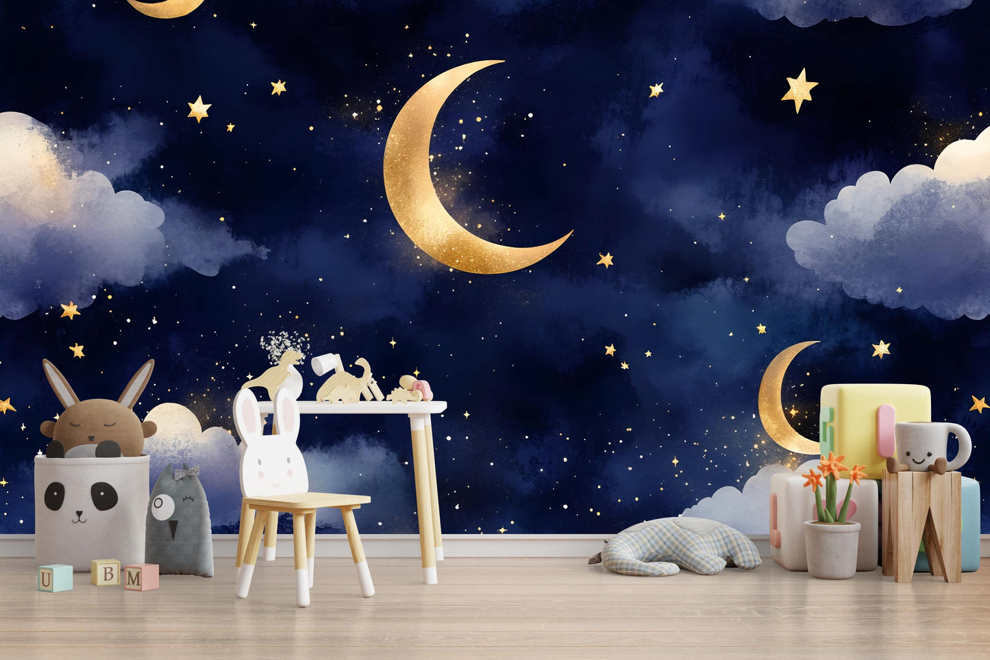 Moon Stars Night Sky Mural – Gold Crescent Cloud Nursery Wallpaper Vn993
