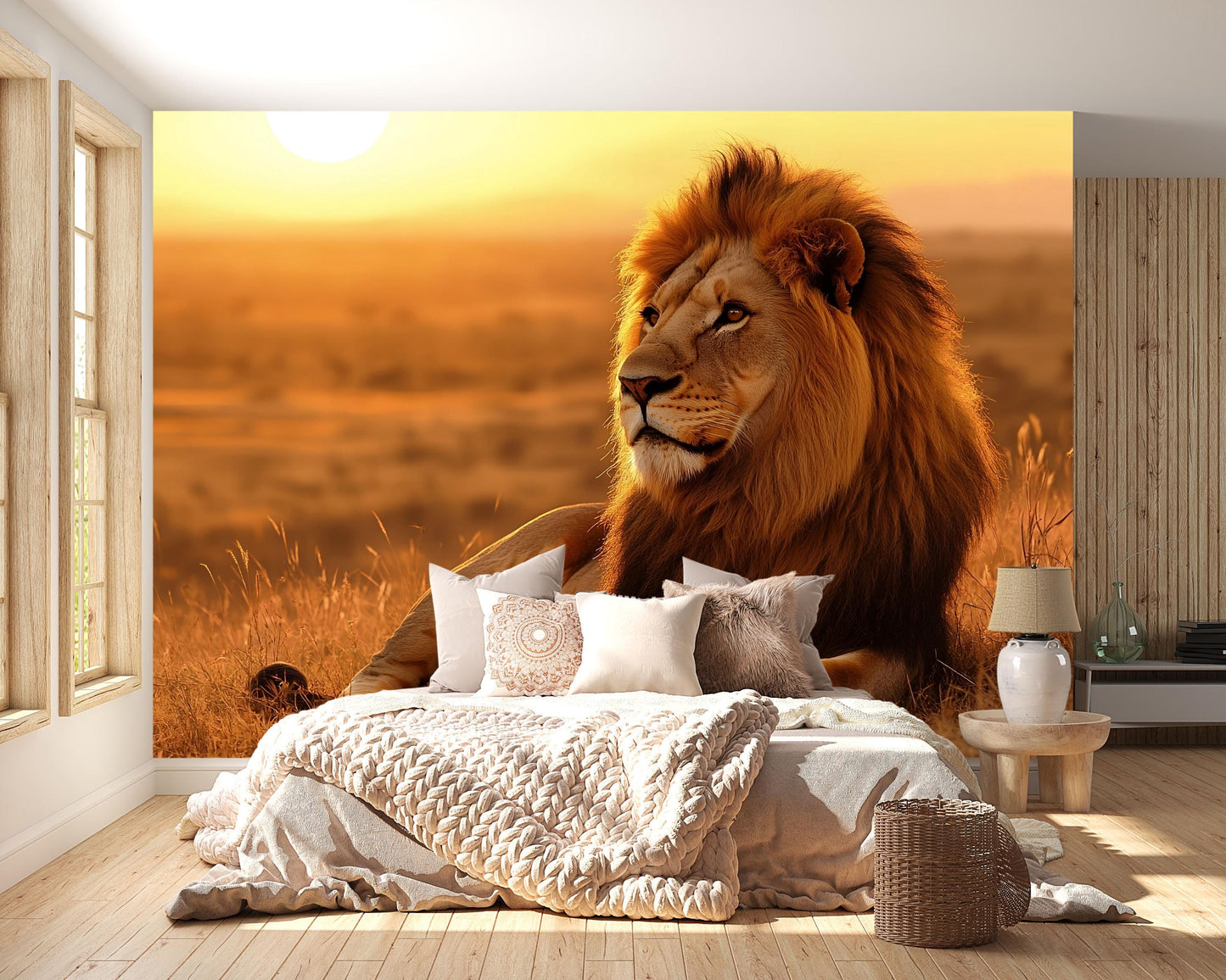 Lion Wall Mural – Safari Wildlife Wallpaper, Majestic King of the Jungle Accent Wall for Living Room or Bedroom Vn861
