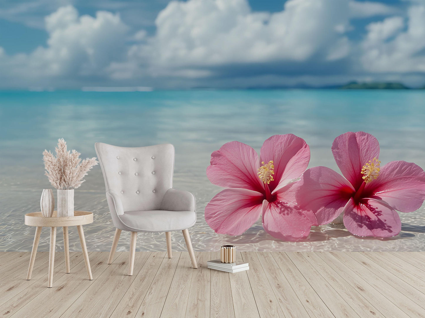 Tropical Beach Wall Mural with Pink Hibiscus Flowers – Ocean View Wallpaper for Living Room or Office Decor Vn649