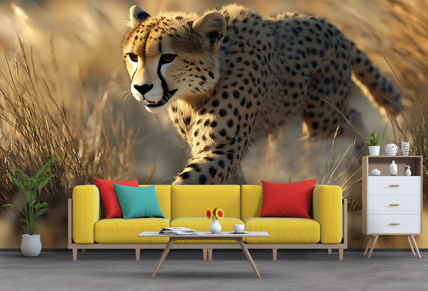 Cheetah Safari Wall Mural | Wild Animal Jungle Art | Living Room Feature Wallpaper | Nature Scene Photo Backdrop | Wildlife Decor Vn540