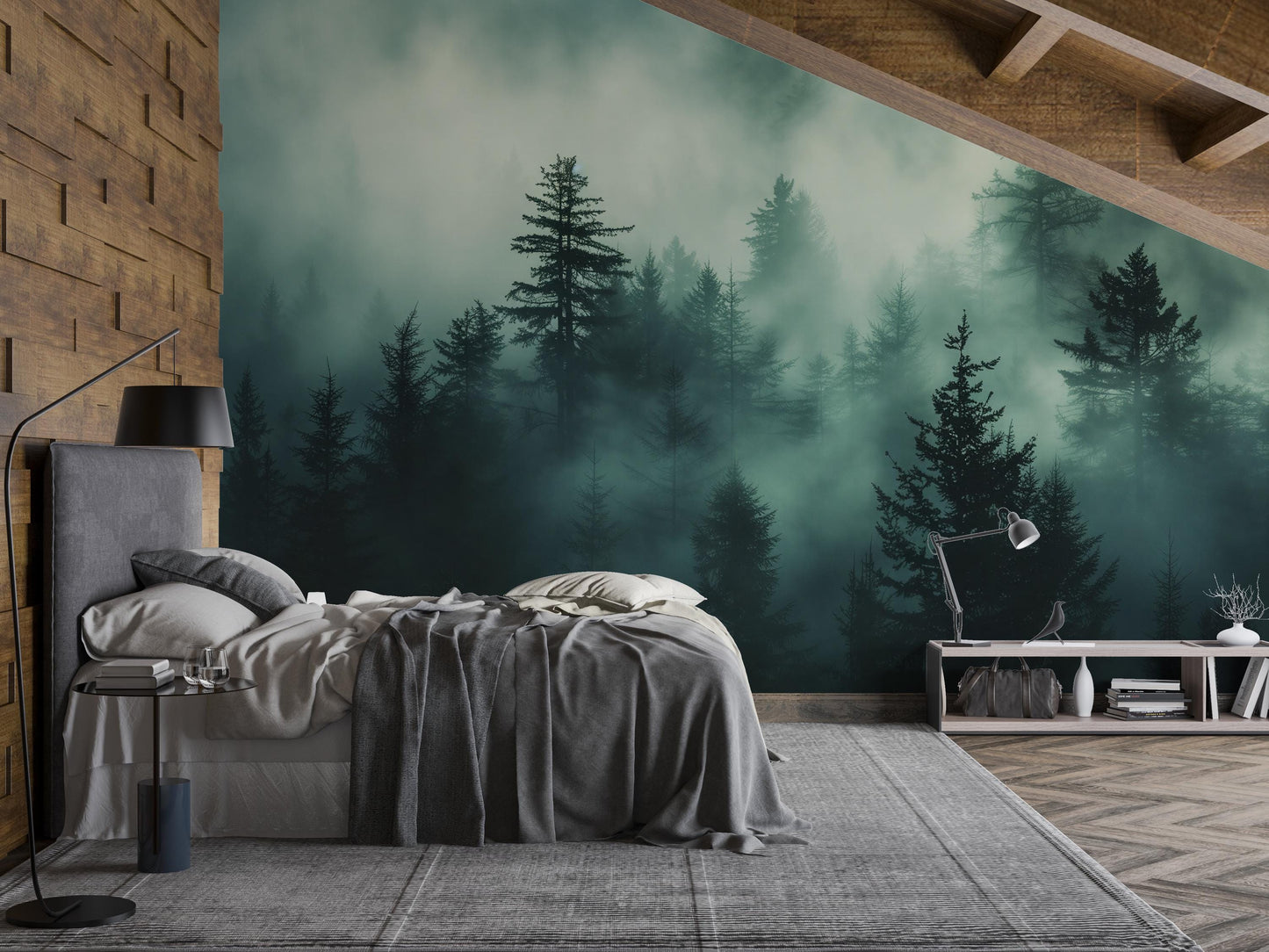 Misty Forest Wall Mural – Dark Green Woodland Wallpaper, Foggy Pine Tree Nature Accent Wall Decor for Bedroom or Living Room Vn1074