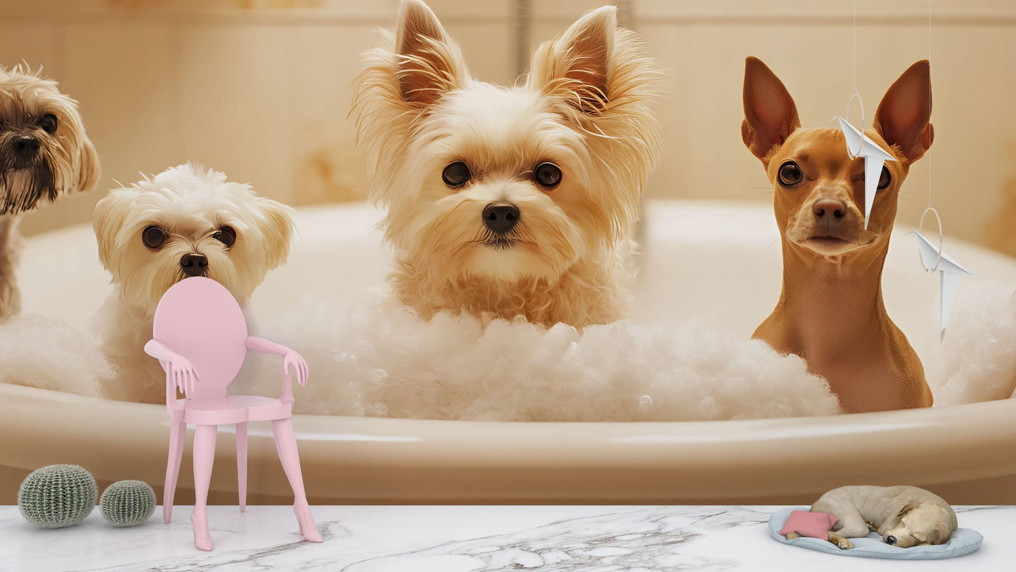 Cute Puppy Bathtub Wall Mural - Dog Bath Scene Wallpaper for Pet Lovers Vn677