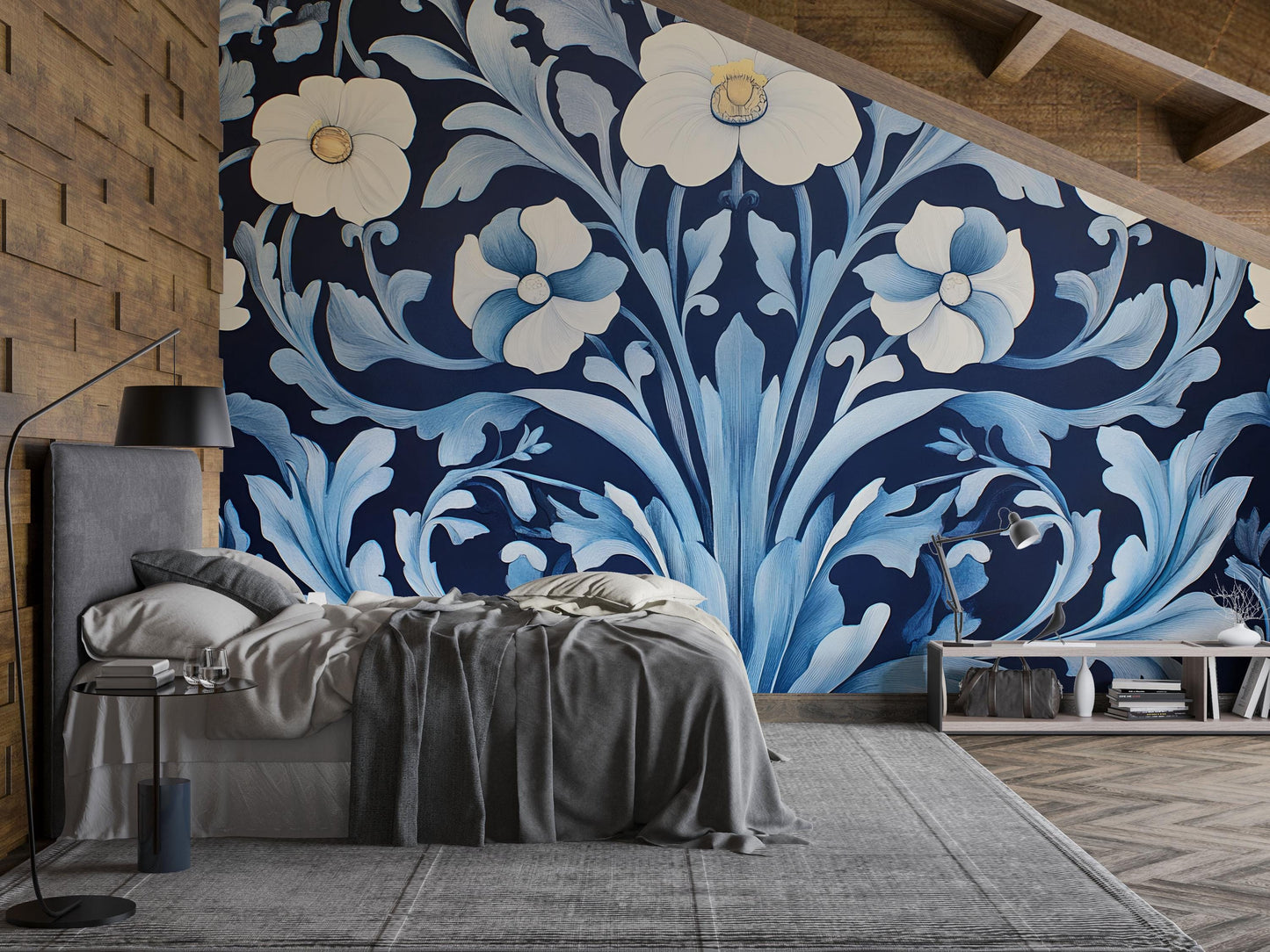 Navy Blue Floral Wall Mural, Large White Flower Wallpaper, Modern Botanical Bedroom Accent Wall Art Vn755