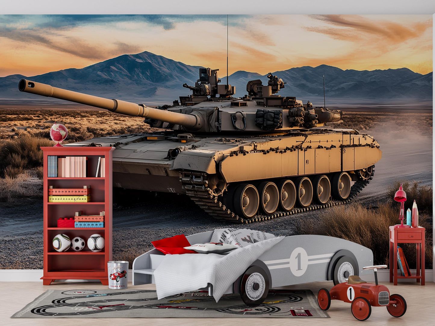 Tank Wall Mural for Boys Room - Military Themed Wallpaper - Cool Army Decor for Teen Bedroom - Desert Combat Scene Vn461