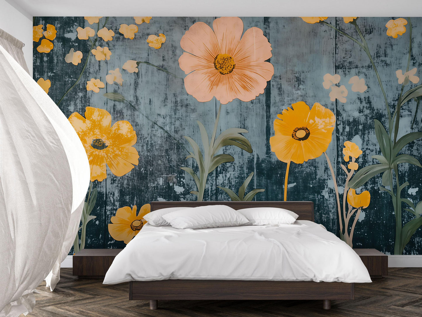 Yellow Floral Wall Mural – Modern Botanical Wallpaper with Rustic Teal Background Vn827