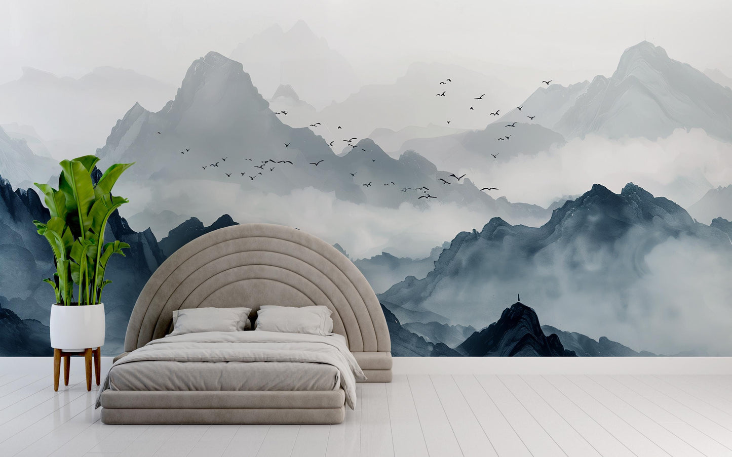 Blue Mountain Wall Mural, Misty Landscape Wallpaper, Tranquil Nature Wall Art Decor Vn1060