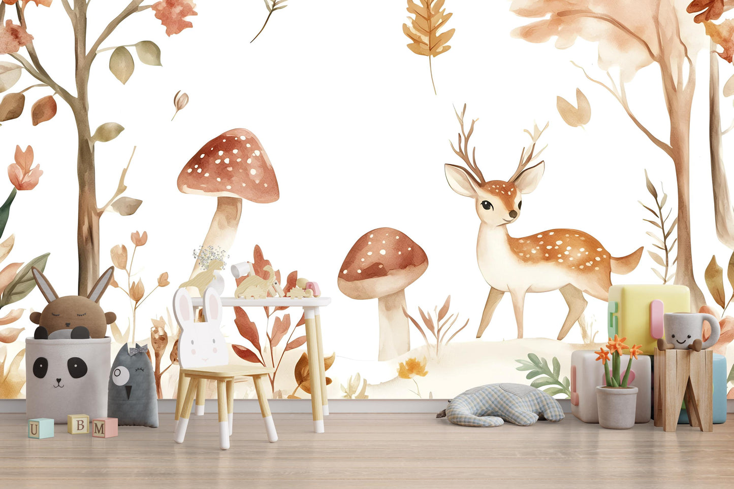 Woodland Deer Wall Mural - Nursery Forest Wallpaper - Cute Animal Kids Room Decor - Autumn Nature Scene Vn500