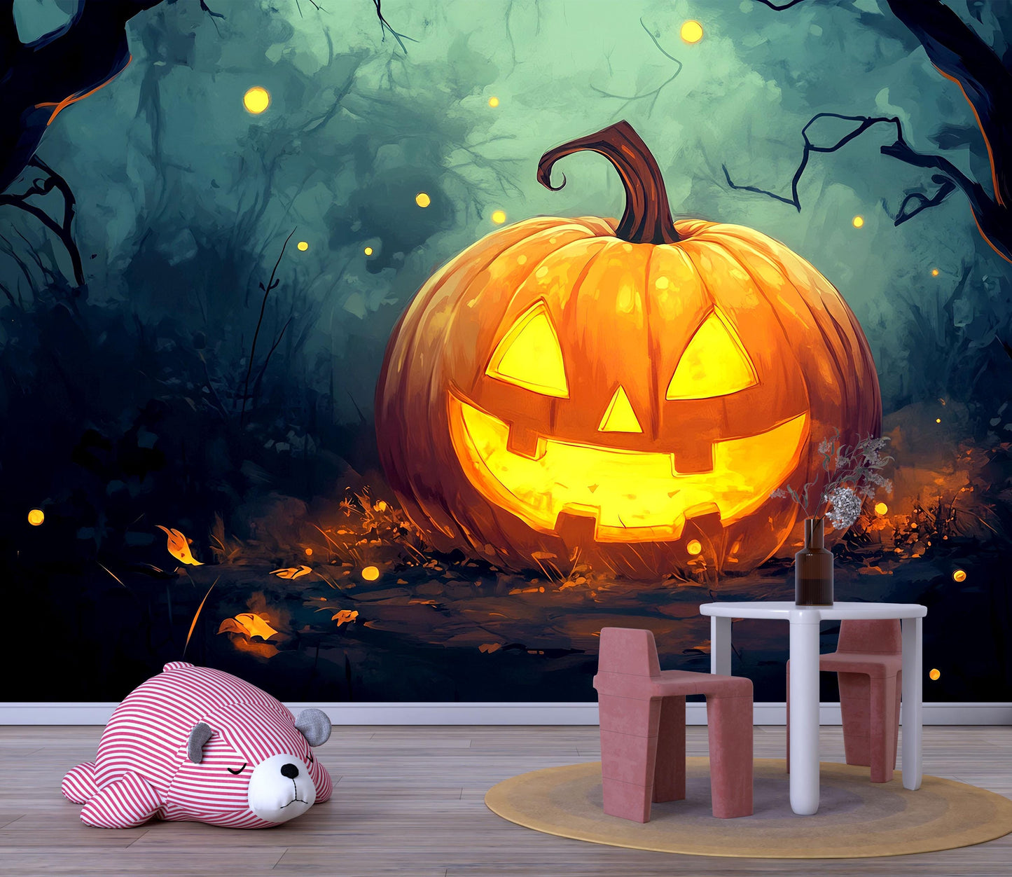 Jack-O’-Lantern Halloween Wall Mural – Cozy Autumn Decor  Vn813