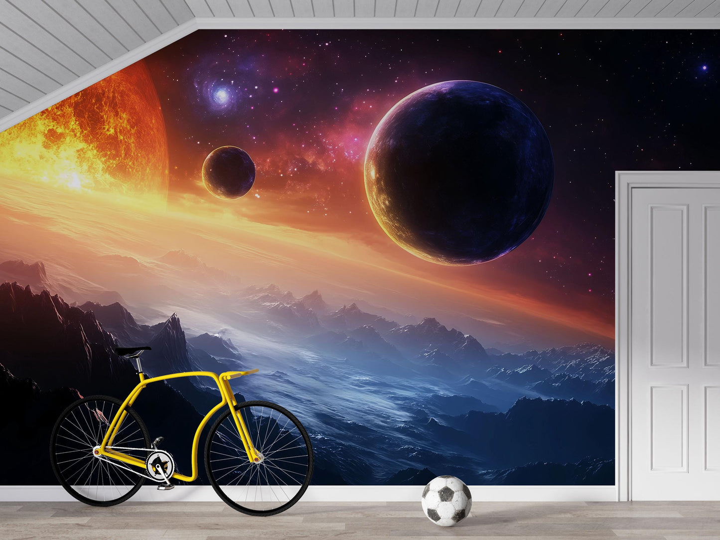 Sunset Planets Wall Mural – Outer Space Galaxy Wallpaper for Bedroom & Living Room Vn874