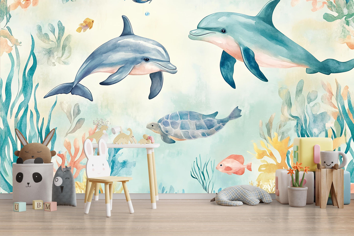Dolphin Wall Mural – Underwater Ocean Nursery Wallpaper with Sea Turtle & Fish Vn988