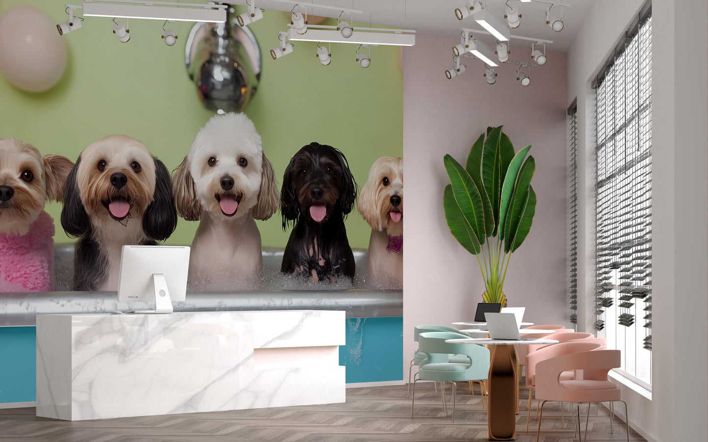 Dog Grooming Salon Wall Mural – Cute Bathing Dogs Wallpaper, Pet Spa Decor, Playful Veterinary Office Art Vn663
