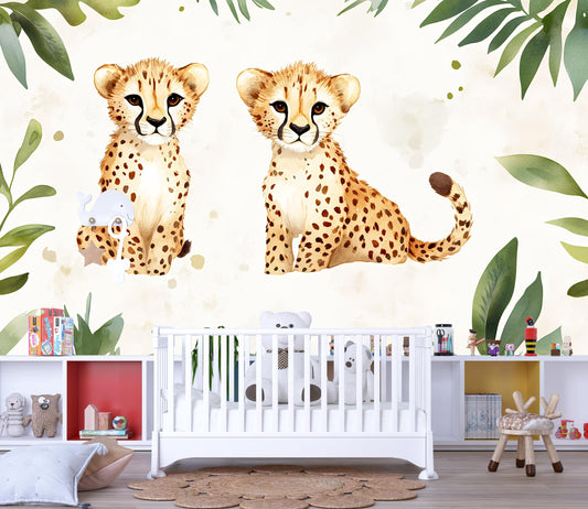 Cheetah Cub Jungle Wall Mural – Safari Nursery Wall Art – Baby Animal Wallpaper for Kids Room Vn533