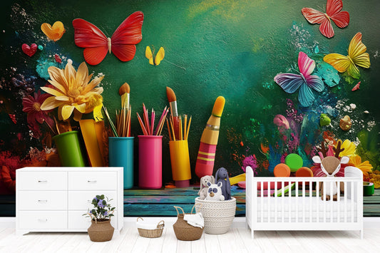 Colorful Kids Art Wall Mural – Creative Butterfly & Paint Theme – Playroom or Classroom Decor Vn323