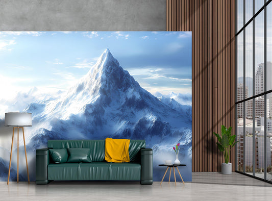 Snowy Mountain Wall Mural | Scenic Winter Mountain Wallpaper for Living Room | Modern Nature Landscape Art Décor Vn095