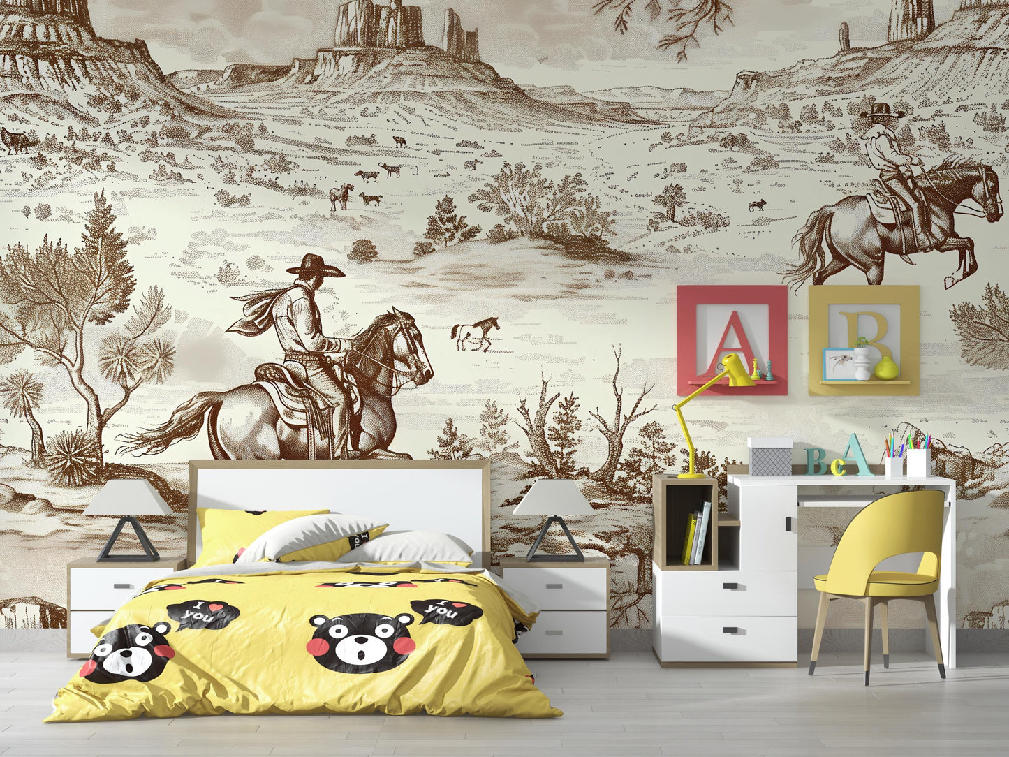 Western Cowboy Horse Wall Mural | Rustic Western Wallpaper | Kids Cowboy Room Decor Vn1029