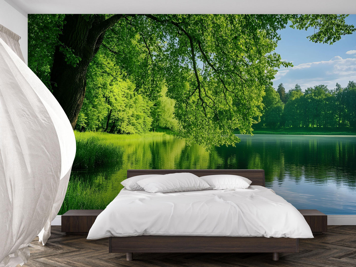 Nature Lake Forest Wall Mural, Scenic Bedroom Wallpaper, Tranquil Green Landscape Decor Vn692